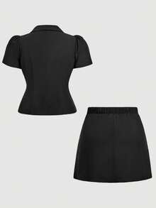 SHEIN MOD 大尺碼黑色襯衫與 A 字裙兩件套，初秋穿搭，四季皆宜，休閒學院風，女孩日常穿著 - 黑色 - 查看 2