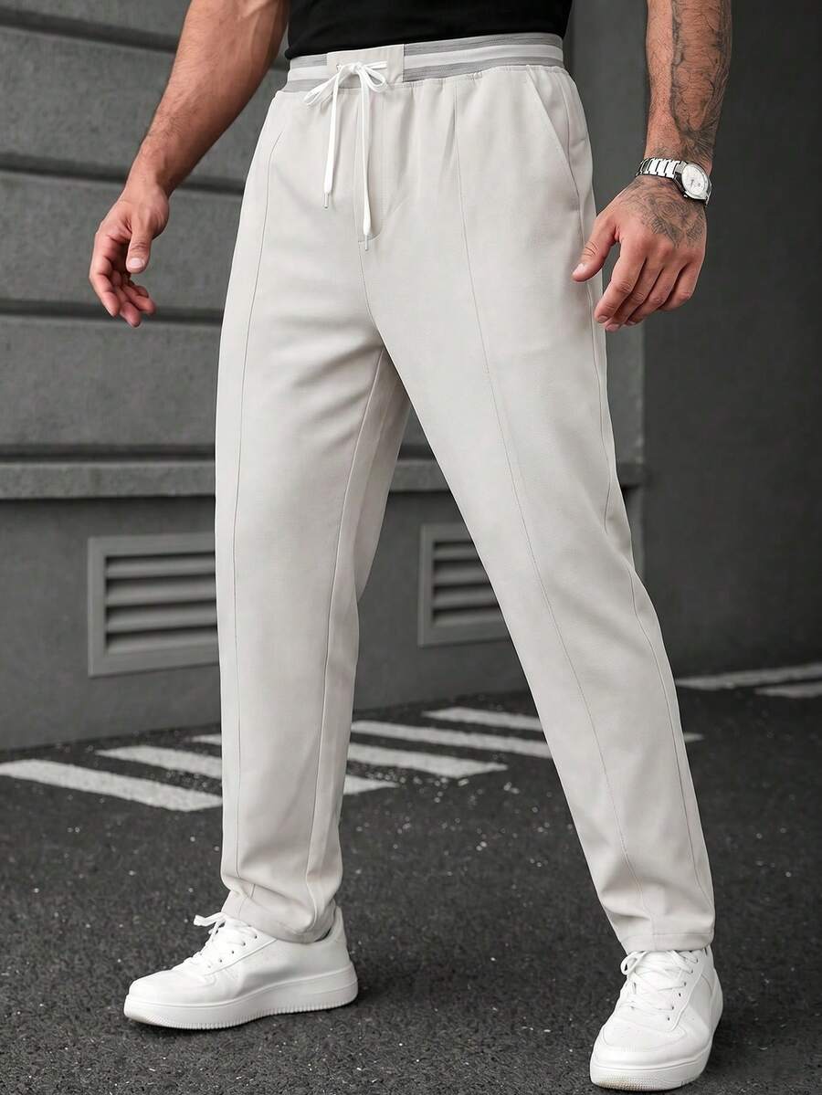 Manfinity CasualCool 1件男士成熟休閒長褲,米色布料,通勤百搭,時尚舒適,男友禮物、丈夫禮物、週年紀念禮物 - 米色 - 查看 1