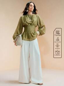 Arave Women's Solid Color Round Neck Lantern Sleeve Cinched Waist Ruffle Hem Blouse Office Work Brunch Olive Green Fall Elegant French - Green - View 6