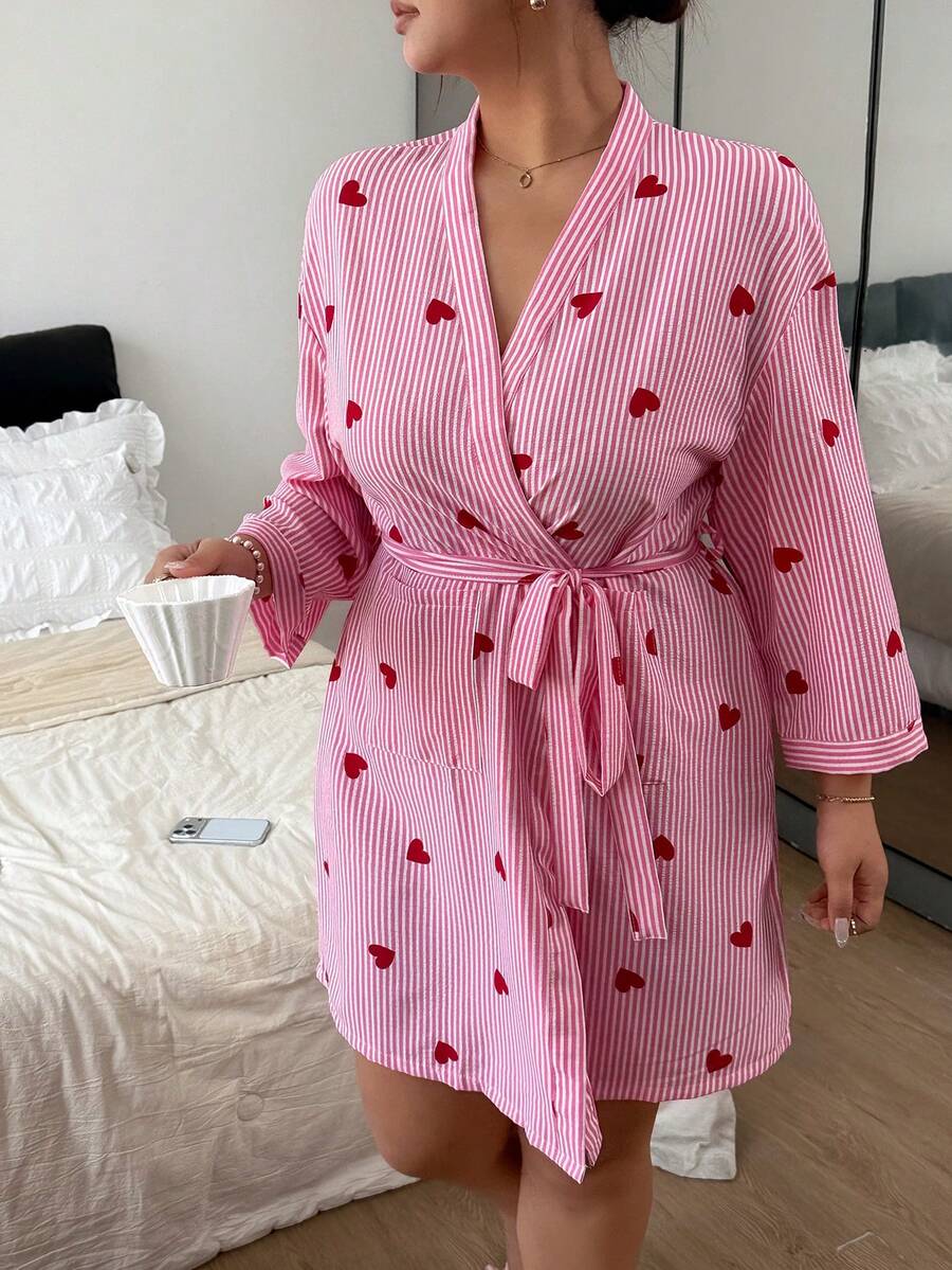 Napfluff CURVE Napfluff CURVE Plus Size Heart Romantic Cute Pink Belted Robe (2pcs) - Pink - View 1