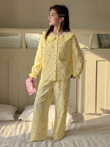 DAZY Conjunto de ropa de descanso para niña preadolescente con estampado de corazones en todo el Body y ribete en contraste, ropa de otoño - Amarillo - Ver 3