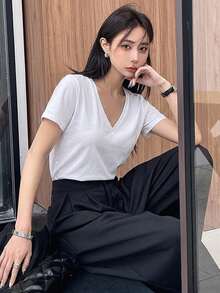 Livesso Women's Solid Color V-Neck Short Sleeve Casual Loose T-Shirt,Business Casual Women Preppy Tops - White - View 13