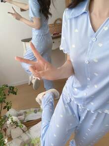 SHEIN 休閒舒適可愛雲朵 V 領短袖長褲睡衣套裝 - 藍色 - 查看 6