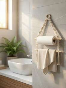 Cirelle Macrame Towel Holder Wall Hanging, 3-Tier Wooden Rod Blanket Ladder & Towel Rack, Boho Rope Wall Hanging Organizer For Bathroom, Bedroom, Living Room Decor - White - View 7