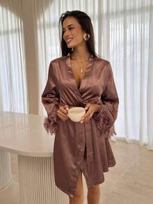 Firerie Bata de satén esponjosa para damas, ropa de estar en casa lujosa, otoño, invierno - Café integral - Ver 7