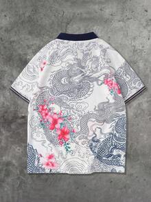 ROMWE MEN Street Life 青少年男孩街頭風龍圖案 Polo 衫，適合日常穿著，春夏風格 - 彩色 - 查看 2