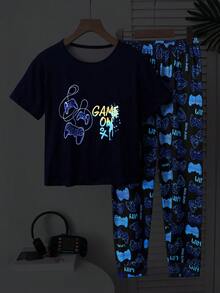 男童 2 件套居家服：極簡紳士格紋短袖純色口袋上衣 + 全息遊戲機短袖長褲 - 藏蓝色 - 查看 3