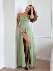 Firerie Women's Pleated Deep V-Neck Slit Front Bridesmaid Dress With Spaghetti Straps (Adult) Elegant Dress Wedding - Mint Green - View 5