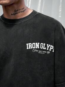 IRON GLYPH 男士肩袖水洗字母印花T恤 - 黑色 - 查看 5
