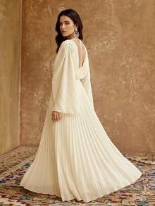 ZEYLAH Women's Solid Color Pleated Casual Elegant Beaded Party Formal Birthday Long Dress Wedding White Summer - Apricot - View 6