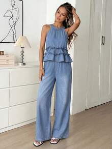Easowa Damen-Neckholder-Top mit Rüschensaum und Hose, lässiges Denim-Set - Schwarz - Übersicht 5