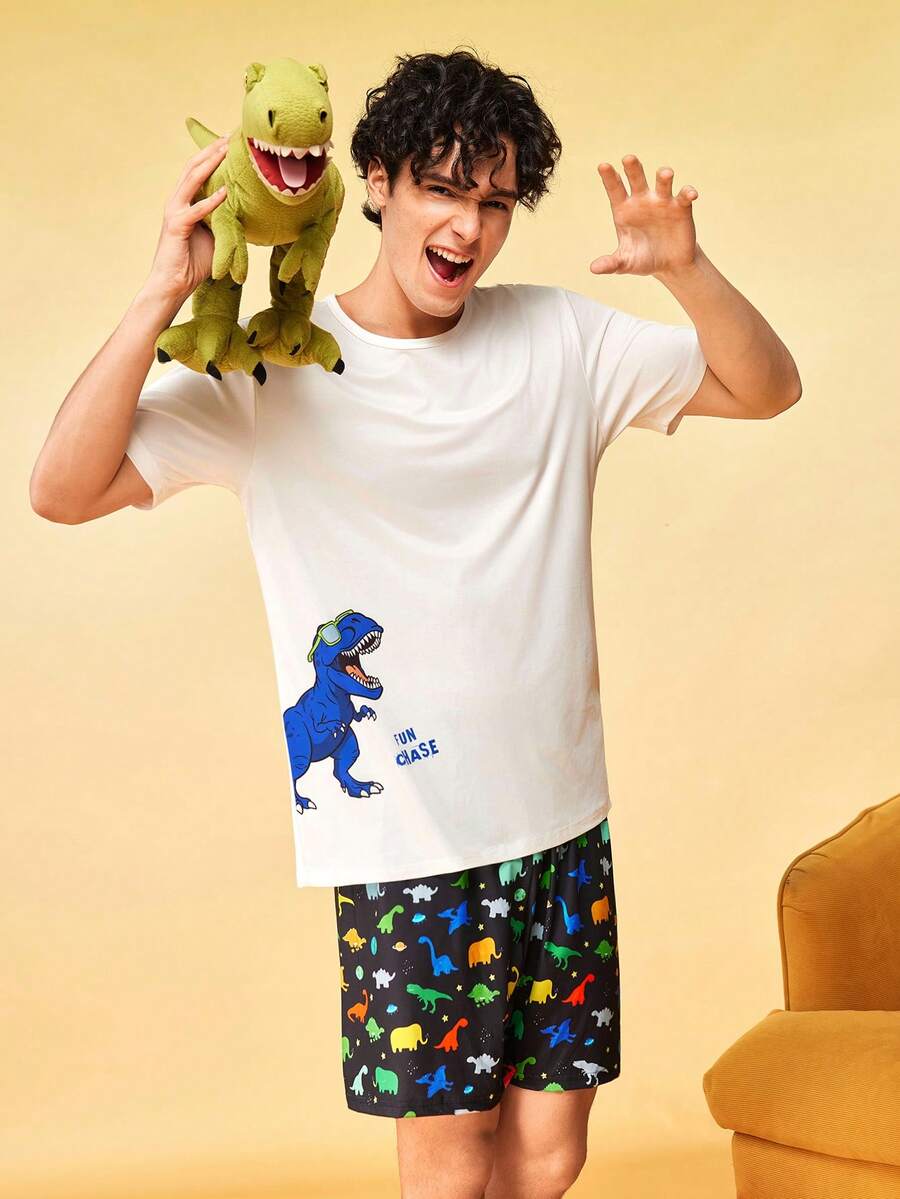 SHEIN Men's Fun Dinosaur Home & Casual Crew Neck Set - White - View 1