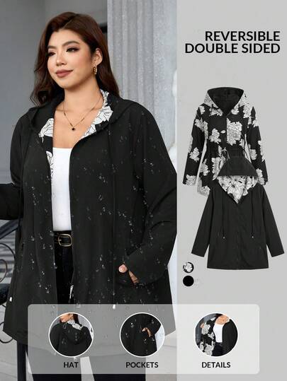 SHEIN Clasi جاكيت نسائي أنيق بمقاسات كبيرة، أسود بأكمام طويلة وغطاء رأس وخصر مشدود مع جيوب للارتداء اليومي في فصل الخريف/الشتاء