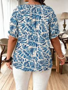 Ceyna Plus Size Women's French Minimalist Casual Ditsy Floral Short Sleeve Shirt, Summer - Blue - View 2