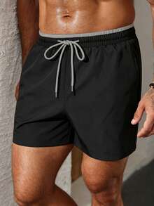 Solantero Men's Vacation Colorblock Drawstring Waist Pocket Beach Shorts - Black - View 5