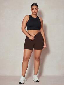 SHEIN Velisys 2 Peças Shorts Plus Size Preto & Marrom Escuro Tricotado Sem Costura Confortável Elástico Yoga Corrida Ciclismo Fitness Outdoor Cintura V Usável Novo Primavera Verão Outono Inverno - Preto - Visão 6