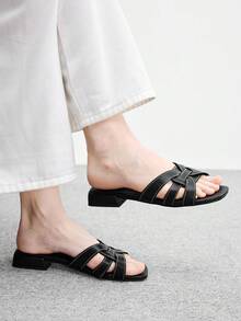 CUCCOO BIZCHIC 女款編織帶方頭低粗跟休閒復古黑色一腳蹬涼鞋 日常沙灘鞋 - 黑色 - 查看 3