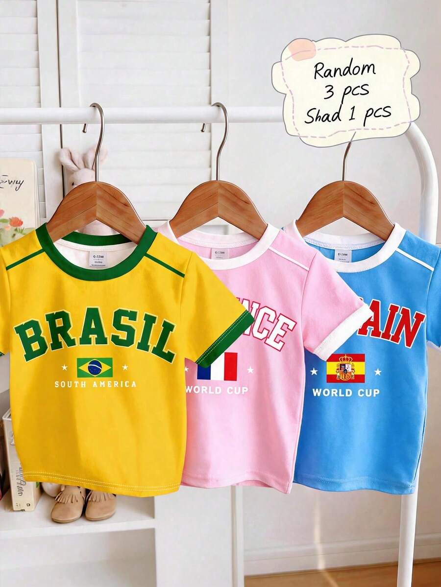 SHEIN 女嬰復古 BRAZIL 字樣黃色T恤,短袖圓領對比領口上衣,夏季休閒城市度假運動穿搭 - 彩色 - 查看 1
