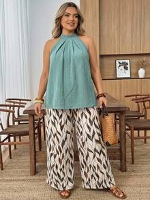 SHEIN CURVE+ Plus Size Women's Solid Color Halter Top And All-Over Print Pants Casual Traditional Baggy 2 Pieces Set Bussines Vacation Teal Beige Summer Formal - Multicolor - View 3