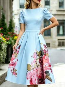 SHEIN 女款夏季優雅花卉印花洋裝 - 藍色 - 查看 5