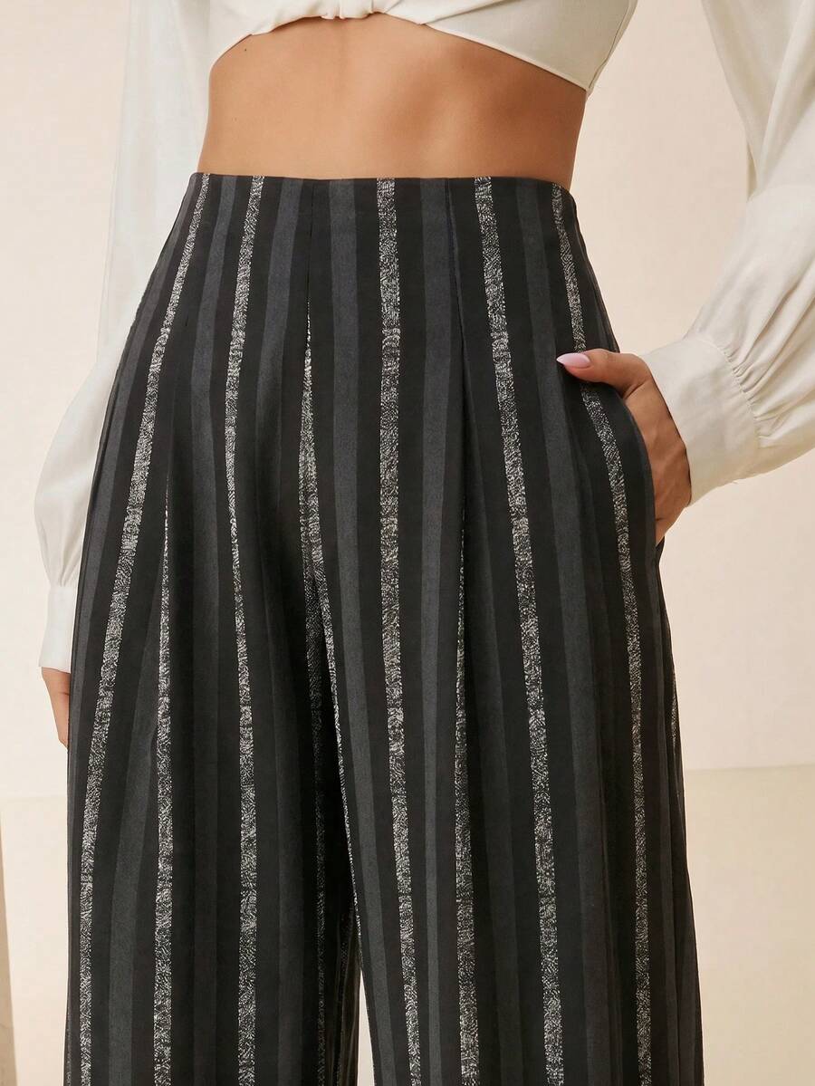 Anewsta 女款時尚通勤條紋寬腿西裝褲 - 黑色 - 查看 1