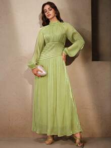 Anewsta Women's Elegant Round Neck Long Sleeve Beaded Chain Ruched Waist Shiny Party Long Dress - Green - View 3