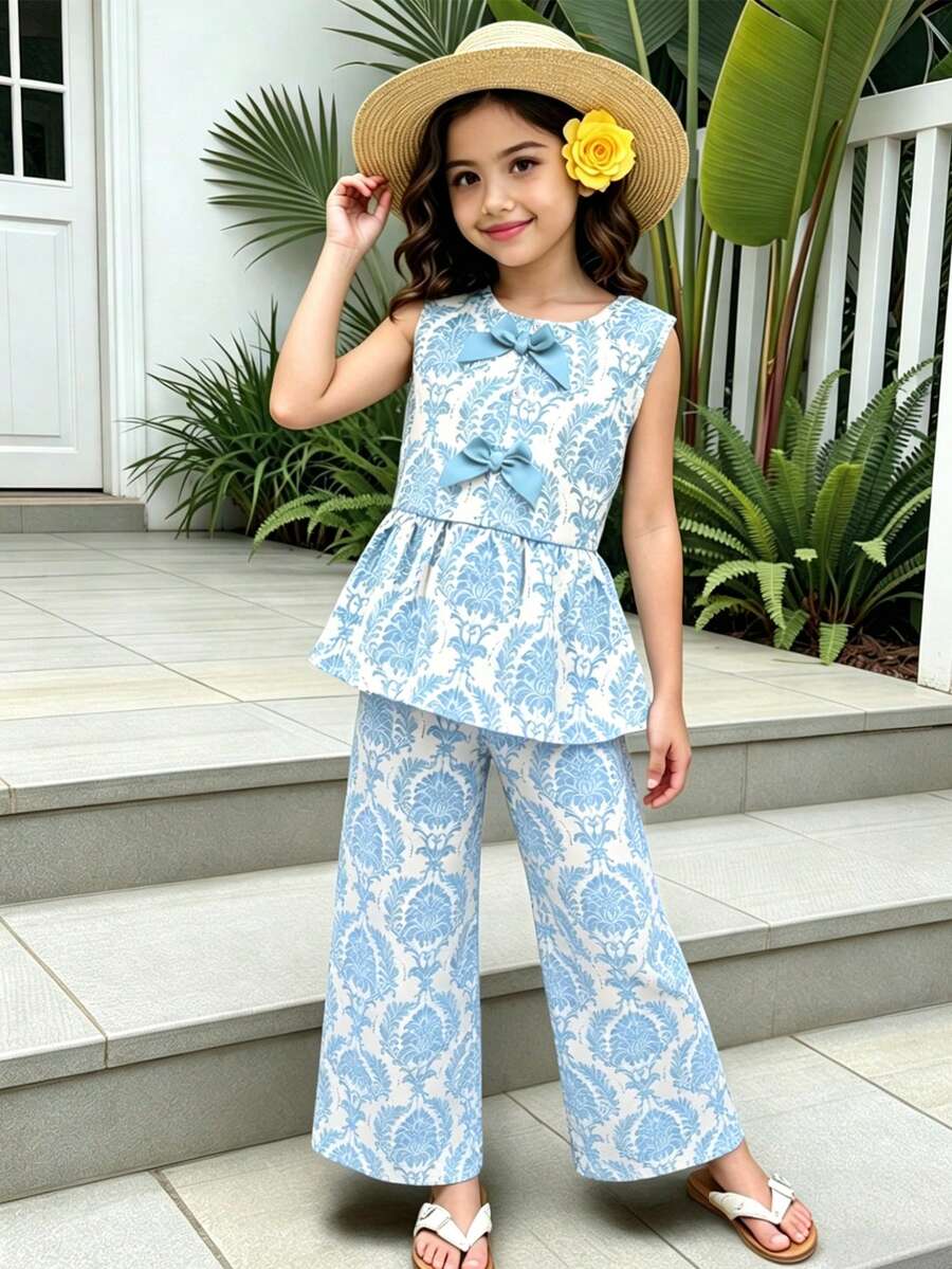SHEIN Vintaside Kids 女童田園復古兩件套,蝴蝶結裝飾無袖背心 + 寬腿長褲,甜美可愛休閒套裝,夏季 - 淺藍色 - 查看 1