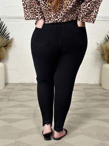 Hourglow Plus Size Solid Color Skinny Denim Jeans With Pockets, For Hourglass Body Shape Casual - Black - View 2