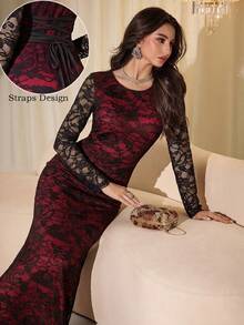 Modelyn 黑紅配色長袖圓領蕾絲面料女款中東風收腰長洋裝 - 黑色 - 查看 5
