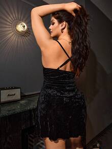 SilkySpell Plus Size Velvet Drawstring Ruched Waist Split Hem Cami Nightgown - Black - View 2