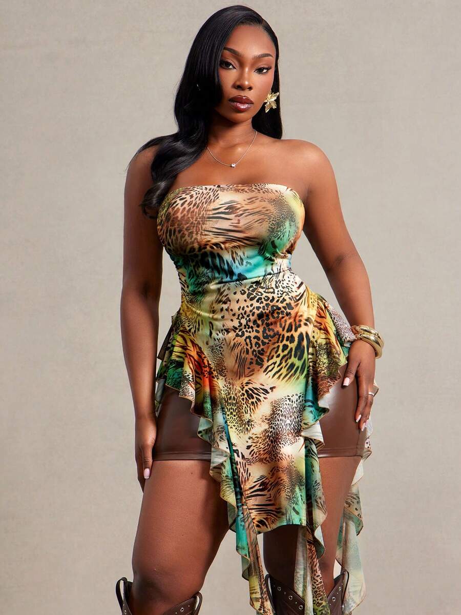 Radiana Plus Size Women Leopard Print Knit Contrast Mesh Super Long Ruffle Trim Bustier Top Orange Summer Sexy Date Night Vacation Rave Carnival Party Club - Multicolor - View 1