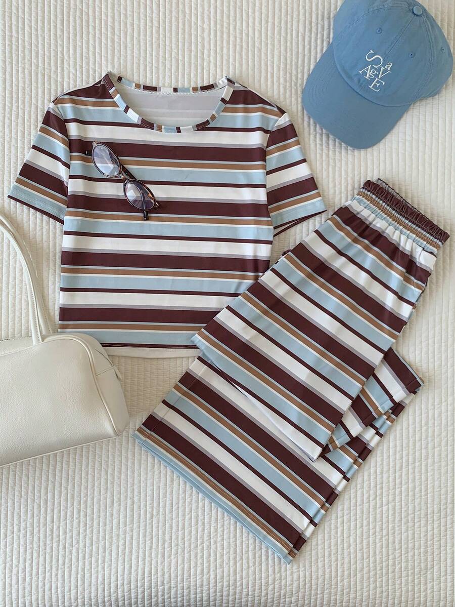 Comfortcana 女款彩色條紋圓領短袖修身T恤搭配鬆緊腰寬鬆長褲 - 彩色 - 查看 1