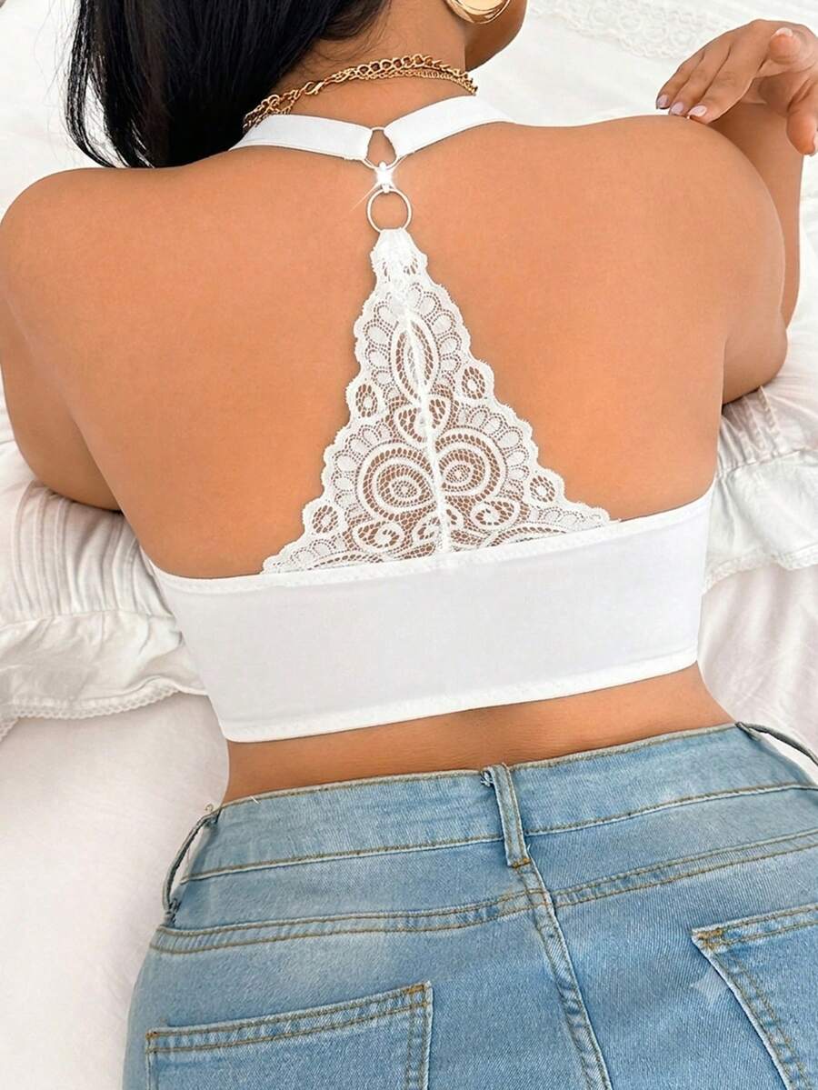 DesireSculpt Plus Size Lace Patchwork Wire-Free Bra, 1pc - White - View 1