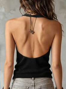 EMERY ROSE Top de punto sexy con cuello en V superpuesto y halter de unicolor para mujer - Negro - Ver 2