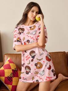HARRY POTTER X SHEIN Women's Cartoon Print Round Neck Short Sleeve Nightgown - Pink - View 5
