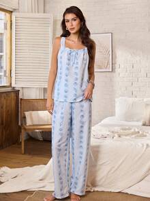 Serenescape Fresh Blue & White Striped And Shell Print Slimming Camisole & Long Pants Pajama Set - Blue and White - View 7
