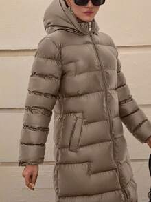 CLARA VERO Women Solid Color Zipper And Pocket Detailed Long Winter Coats - Beige - View 8