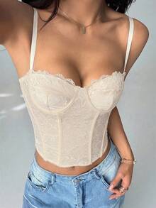 SHEIN PETITE 女款蕾絲透視細肩帶背心上衣，白色夏季性感派對夜用，可愛內衣式上衣，無肩帶束腰上衣，夜店上衣，內搭衫 - 杏色 - 查看 5