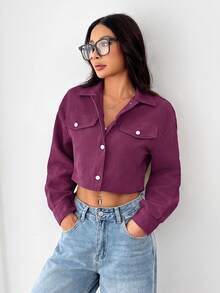 SHEIN PETITE Spring Outfits Drop Shoulder Flap Detail Crop Corduroy Black Jacket In Fall/Winter - Purple - View 5