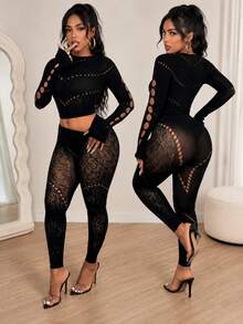 BamGleam Women's Hollow-Out Sheer Tight-Fitting 2 Pieces Set Night Out Club Black Summer Y2k Sexy - Black - View 1