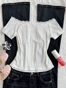 DAZY Women's Letter Cartoon Print Contrast Lace Short Sleeve T-Shirt Graphic Tees Cute Tops Open Shoulder Tops Vacation - White - View 2