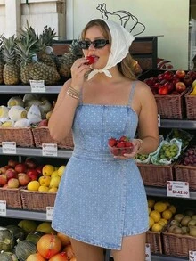 SHEIN MOD 女士不对称下摆波点牛仔连体裤 - 黑色 - 查看 6