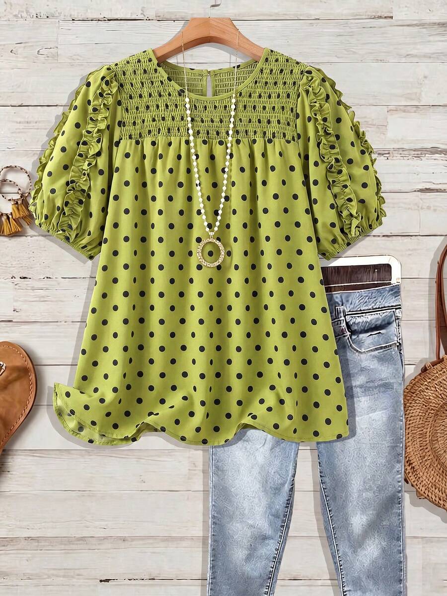 Linhara Plus Size Women's Woven Regular Fit Summer Casual Comfortable Commute Home Wear Round Neck Short Sleeve Ruffle Trim Black & White Contrast Color Blouse - Green - View 1