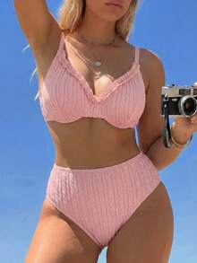 Swim Mod Conjunto de 2 piezas de ropa de playa para mujer, nuevo verano 2026, dulce, elegante y lindo, adecuado para vacaciones, playa, fiesta, uso en yate, hecho de tela texturizada, decorado con ribete acolchado, top de sujetador con copa suave ajustable y conjunto de bikini lindo, conjunto de traje de baño de talla grande - Rosa - Ver 5