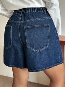 Dazy Plus Dark Wash Blue A-Line Wide Leg Denim Shorts, Solid Color, Plus Size Women's Spring Summer Casual Denim Shorts For Girls - Dark Wash - View 7