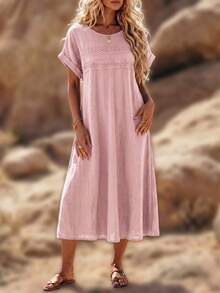 Linhara Vestido sin mangas de talla grande para mujer con unicolor y encaje calado - Rosa - Ver 3