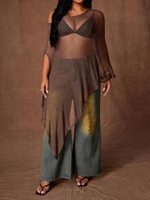 Rustia Plus Size Sexy Off-Shoulder Asymmetrical Sheer Sweater, Spring/Autumn Fall - Brown - View 4