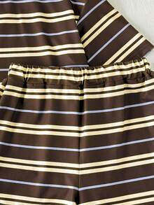 SHEIN Tween女孩夏季休閒條紋T恤短褲套裝 - 棕色 - 查看 7