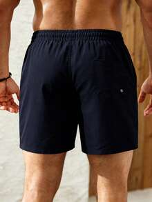 Manfinity KASUA Men Plus Size Holiday Beach Pool Letter Printed Elastic Waist Swim Shorts With Mesh Lining Milk Silk Lining - Navy Blue - View 2