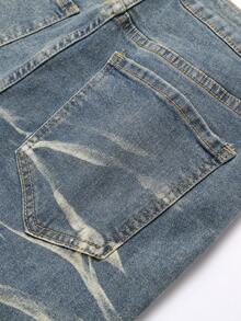 Manfinity Roughcore Men's Fashion Versatile Pocket Button Distressed Denim Jeans - Light Wash - View 5